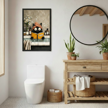 Black cat bathroom canvas wall art displayed in colorful living room, whimsical home decor print