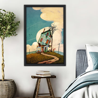 Whimsical Tilted House Canvas Wall Art - Dreamy Sky & Clouds Print|Liberty Signs #L359