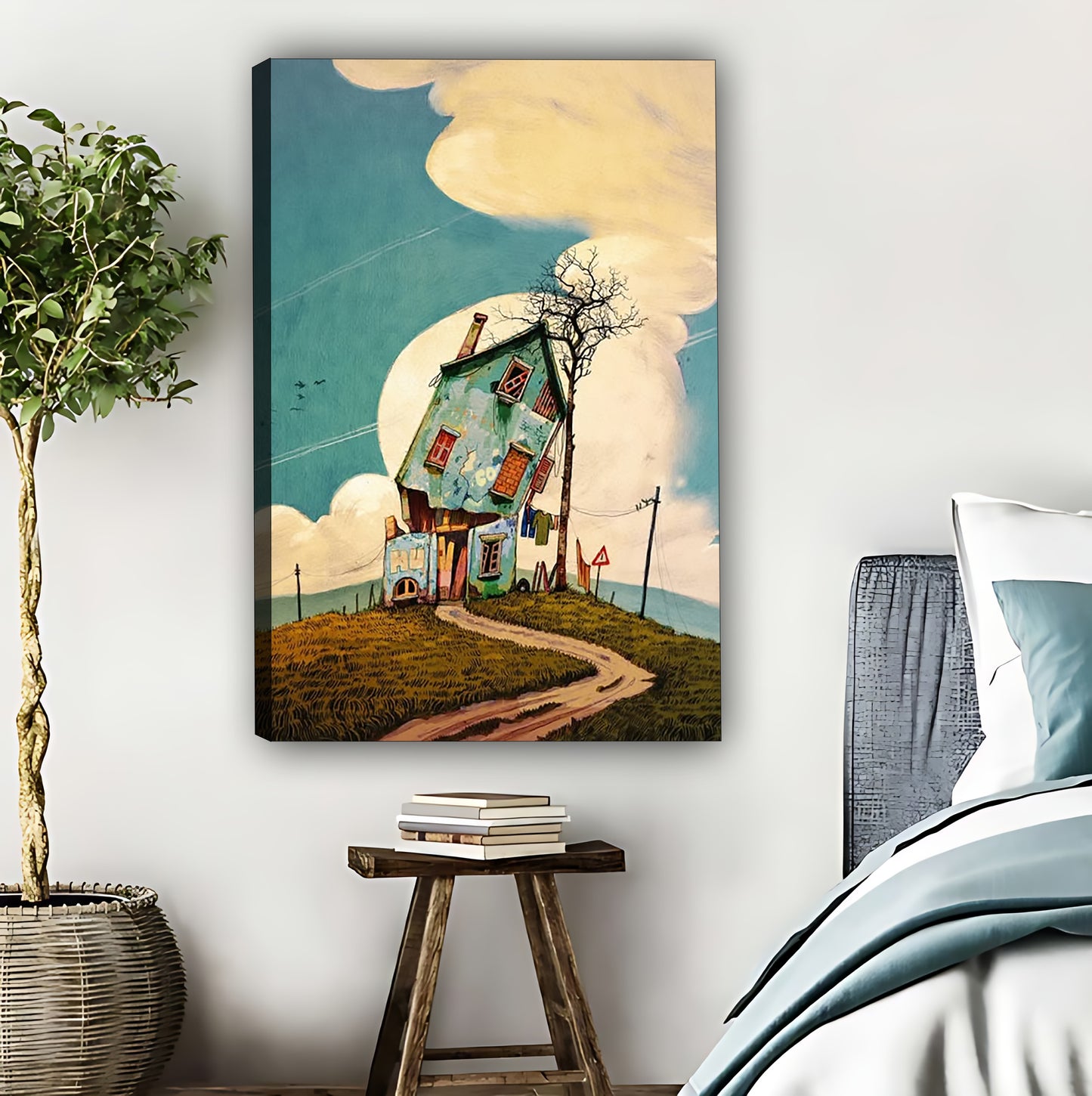 Whimsical Tilted House Canvas Wall Art - Dreamy Sky & Clouds Print|Liberty Signs #L359