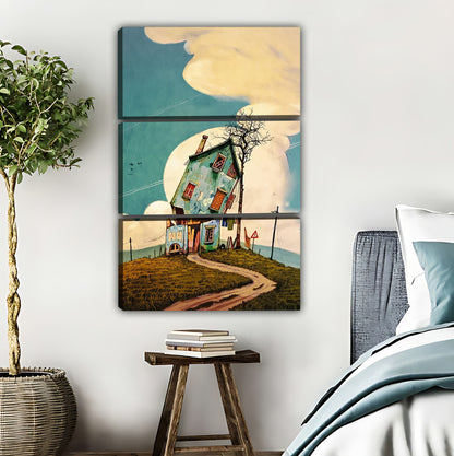 Whimsical Tilted House Canvas Wall Art - Dreamy Sky & Clouds Print|Liberty Signs #L359