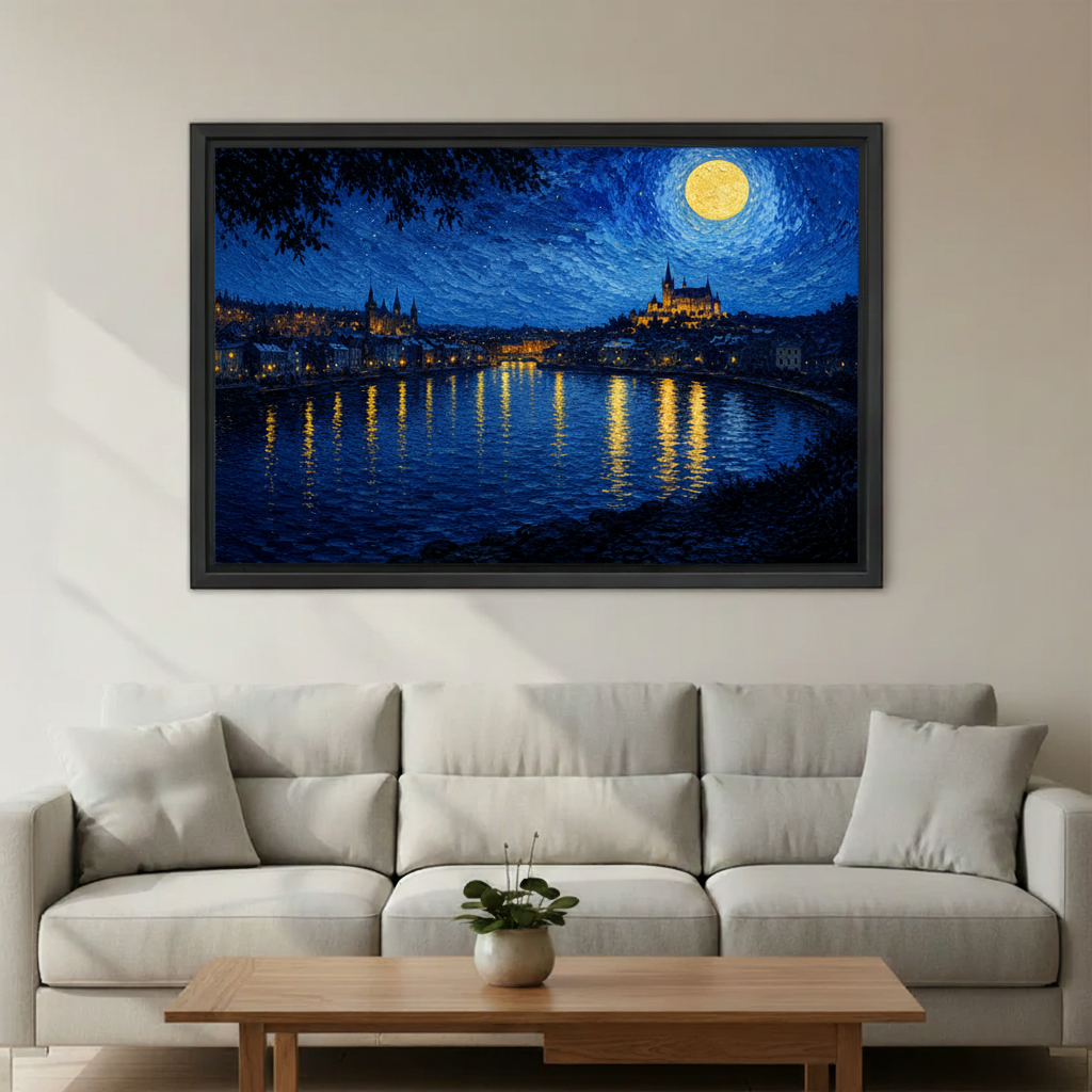 Starry night moonlit city river framed wall art print — deep blue Van Gogh-style oil painting for living room decor