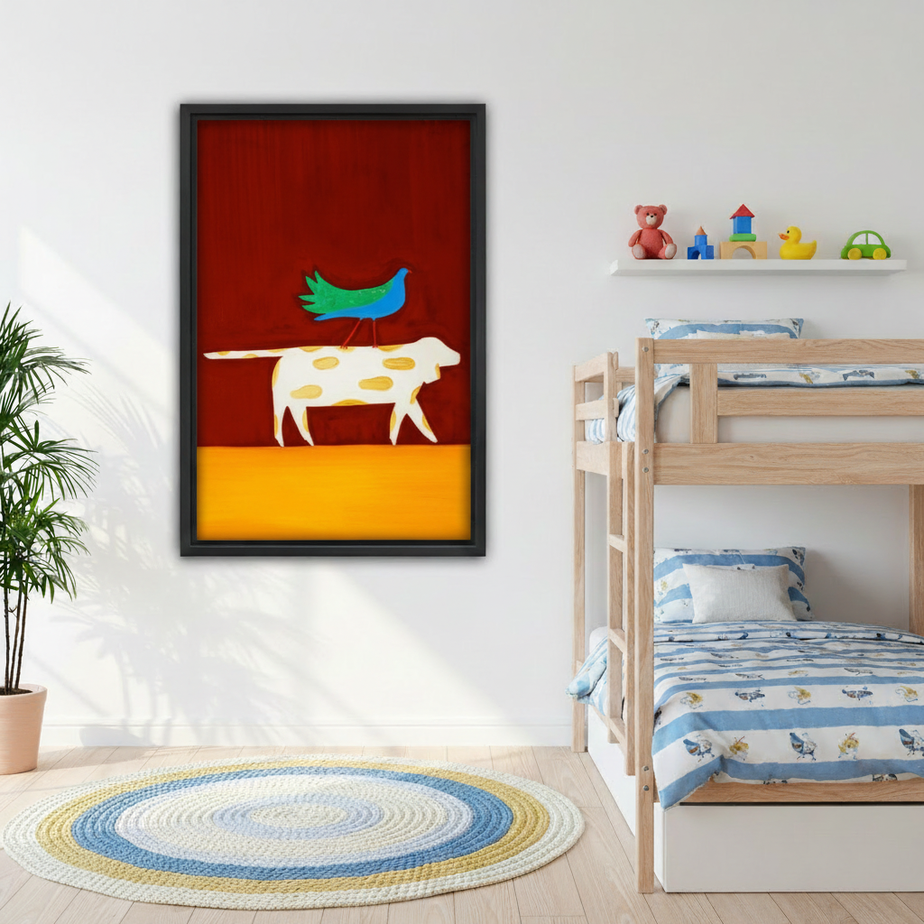Folk art framed canvas wall art featuring spotted dog and bird
