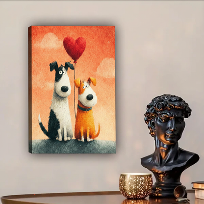 Whimsical Dog Duo Heart Balloon Canvas Wall Art - Playful Pet Canvas Decor for Couples Gift