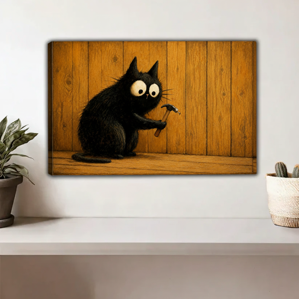 Wide-eyed black cat gripping hammer against warm wood panel background – humorous cat canvas art