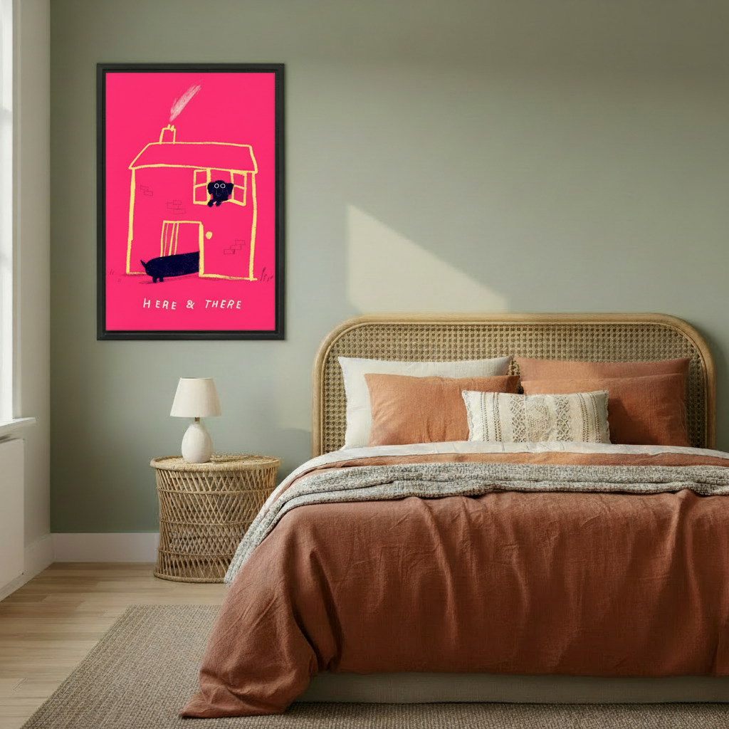 Here & There dachshund house framed canvas print displayed in a cozy bedroom — charming pink dog wall art for pet lovers