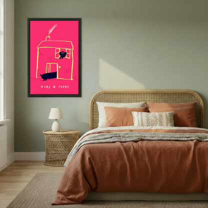 Here & There dachshund house framed canvas print displayed in a cozy bedroom — charming pink dog wall art for pet lovers