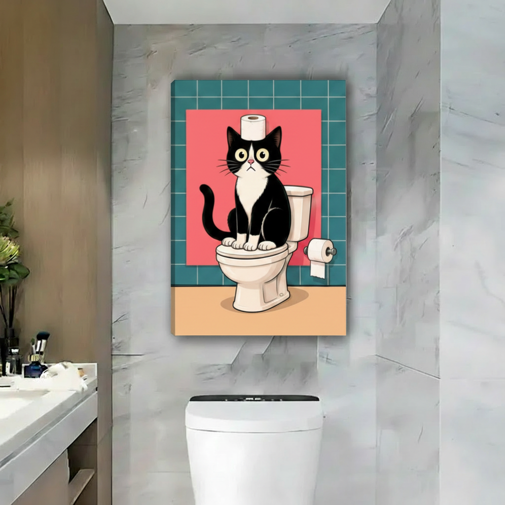 Funny cat on toilet pop art style frameless canvas wall art, bold colorful bathroom decor print for cat lovers