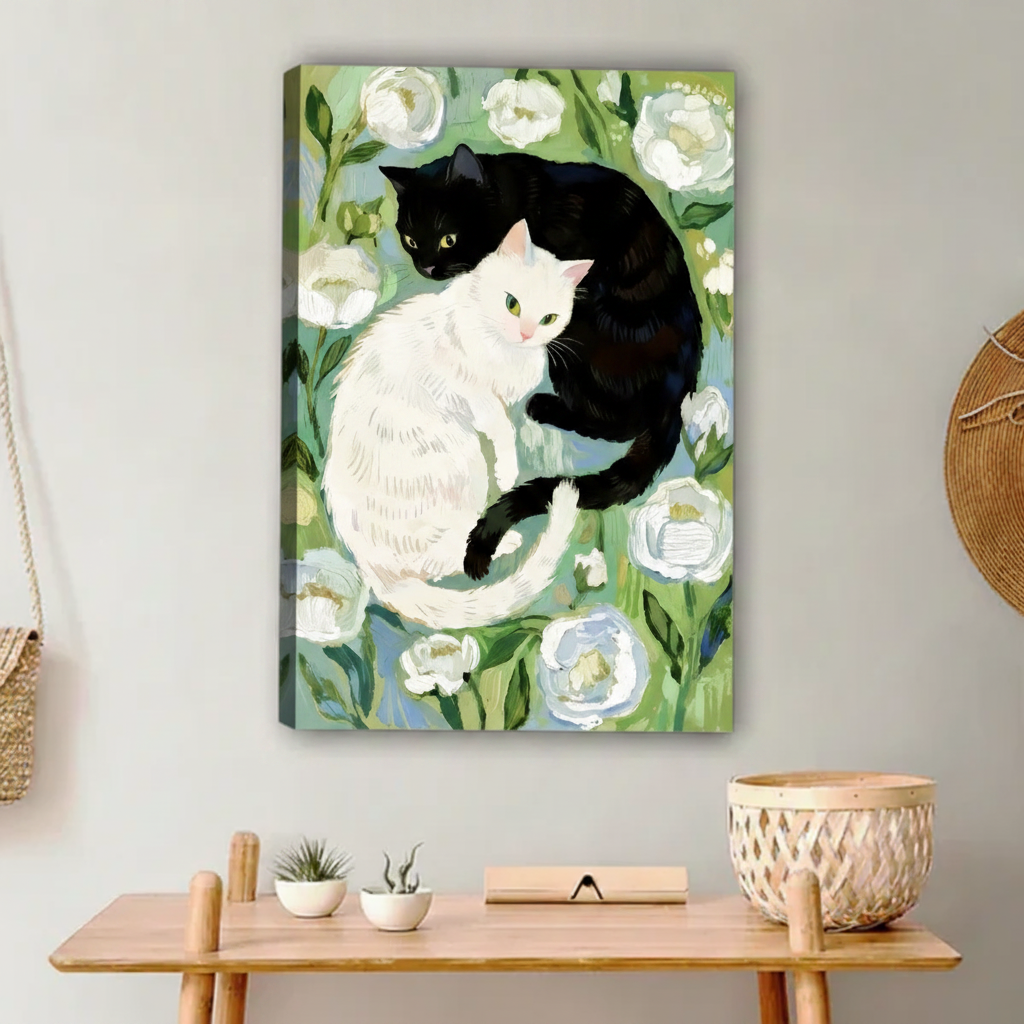 Folk art canvas print featuring black and white cats curled together among white flowers