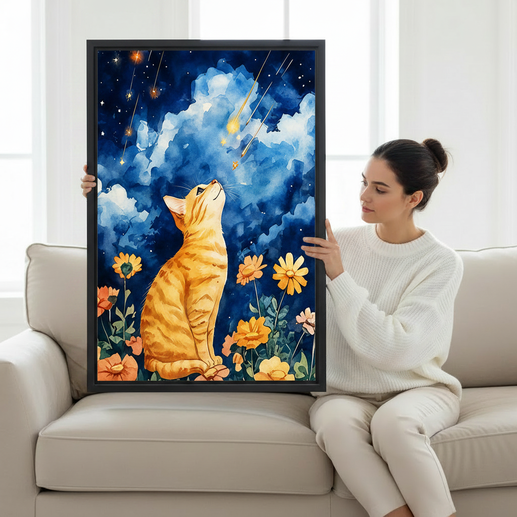 Orange tabby cat night sky flowers framed canvas art, cat lover gift