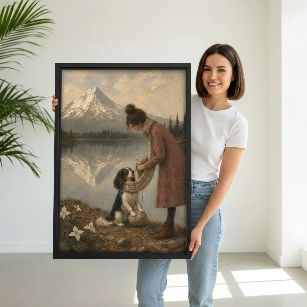 Vintage Woman and Dog by Mountain Lake Canvas Wall Art | Framed & Unframed l4932