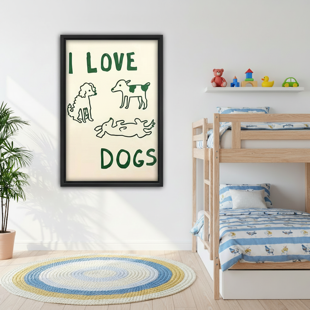 I Love Dogs funny doodle illustration framed wall art, Scandinavian living room sofa decor, cream and green tones