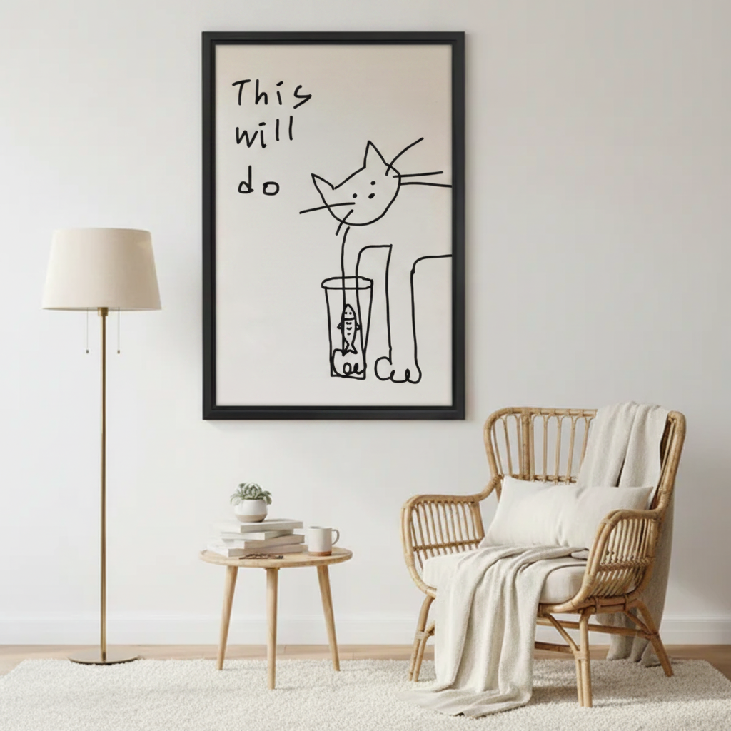 Humorous this will do cat paw fish cup line art wall art print in black frame beside rattan armchair with cream throw and gold floor lamp in cozy reading nook