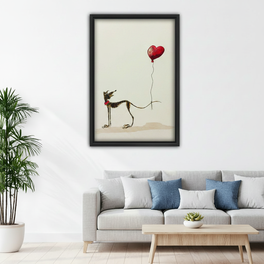 Cute greyhound wall art for kids bedroom, whippet with red heart balloon, black framed canvas print for nursery decor