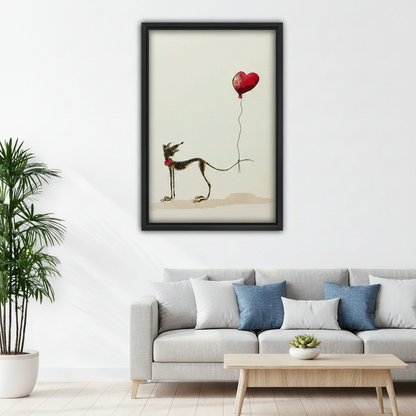 Cute greyhound wall art for kids bedroom, whippet with red heart balloon, black framed canvas print for nursery decor