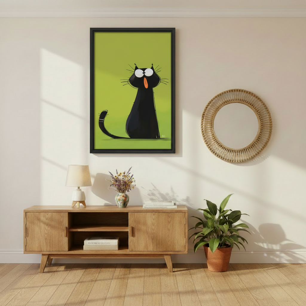 Quirky black cat wide eyes orange tongue green background wall art print in black frame above mid-century wooden media console with rattan mirror and green plant in modern living room
