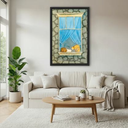 Dog and cat on stone window sill framed art print, black frame, whimsical watercolor sketch with blue curtains, hung above a cream sofa in a Scandinavian living room with indoor plants