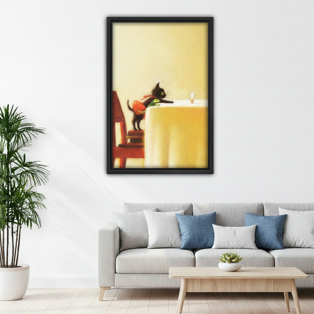 Cute black cat with frog toy climbing table framed art print, black frame, warm yellow whimsical oil painting style, hung above a grey linen sofa in a bright Scandinavian living room with indoor palm and round coffee table