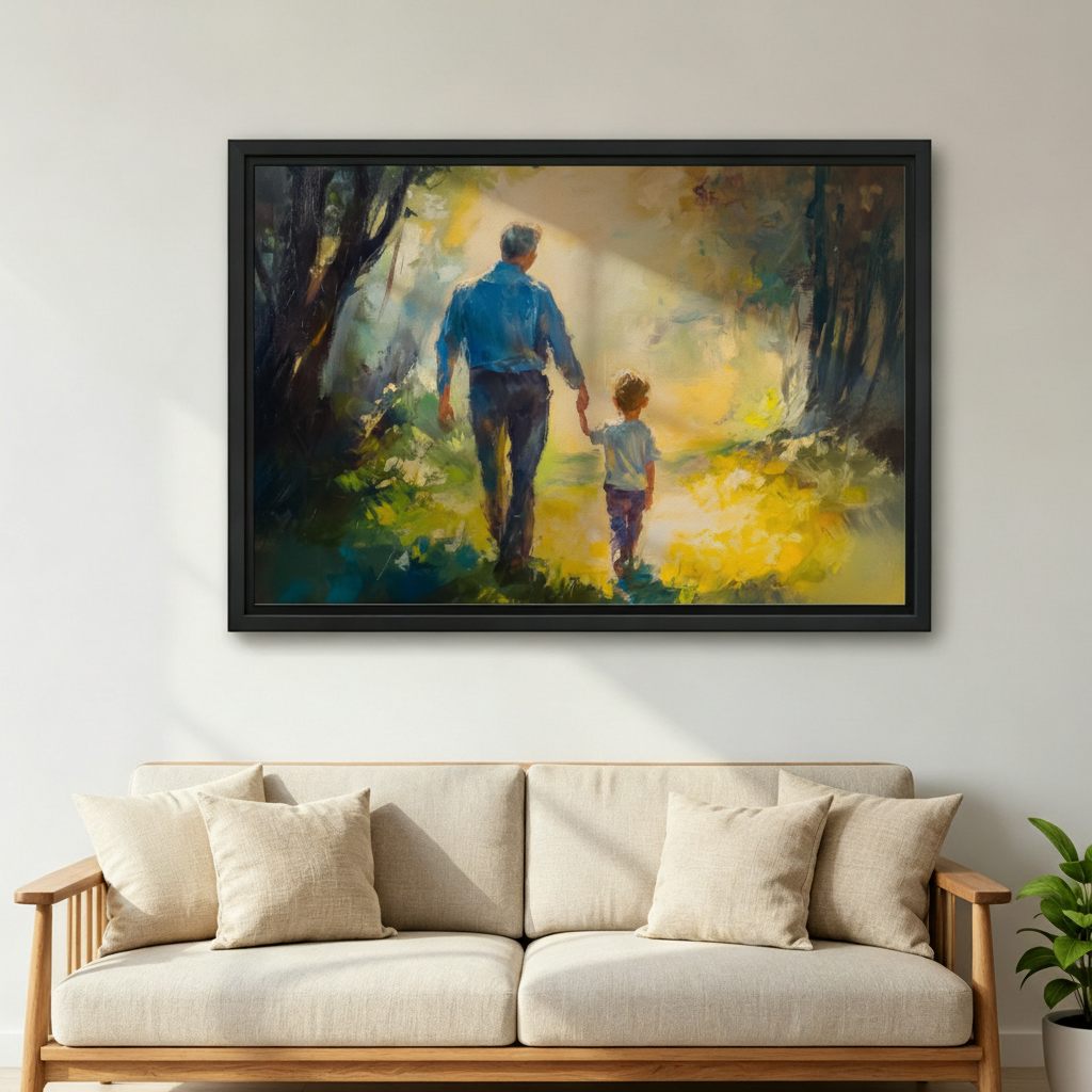 Father and son holding hands sunlit forest path watercolor wall art print in black frame above cream linen sofa with oak frame and green plant in Scandinavian living room