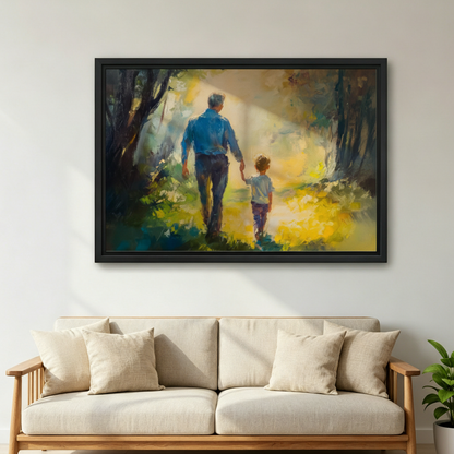 Father and son holding hands sunlit forest path watercolor wall art print in black frame above cream linen sofa with oak frame and green plant in Scandinavian living room