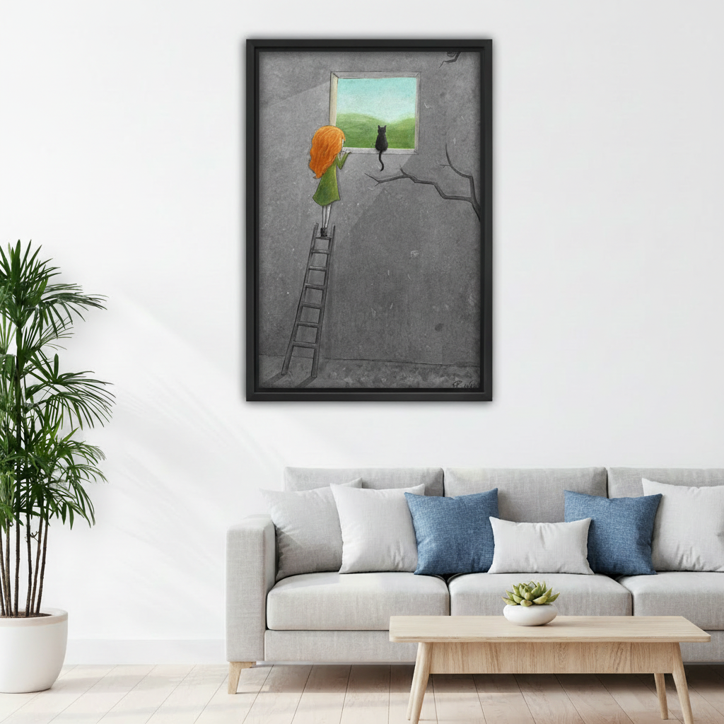 Girl climbing ladder to window with black cat whimsical framed art print, black frame, grey surreal illustration green landscape, hung above a light grey linen sofa in a bright Scandinavian living room with blue cushions and round coffee table