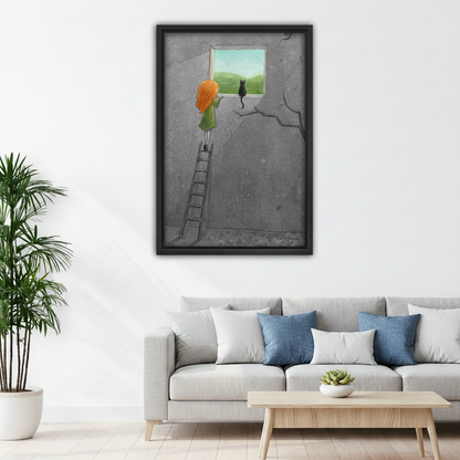 Girl climbing ladder to window with black cat whimsical framed art print, black frame, grey surreal illustration green landscape, hung above a light grey linen sofa in a bright Scandinavian living room with blue cushions and round coffee table