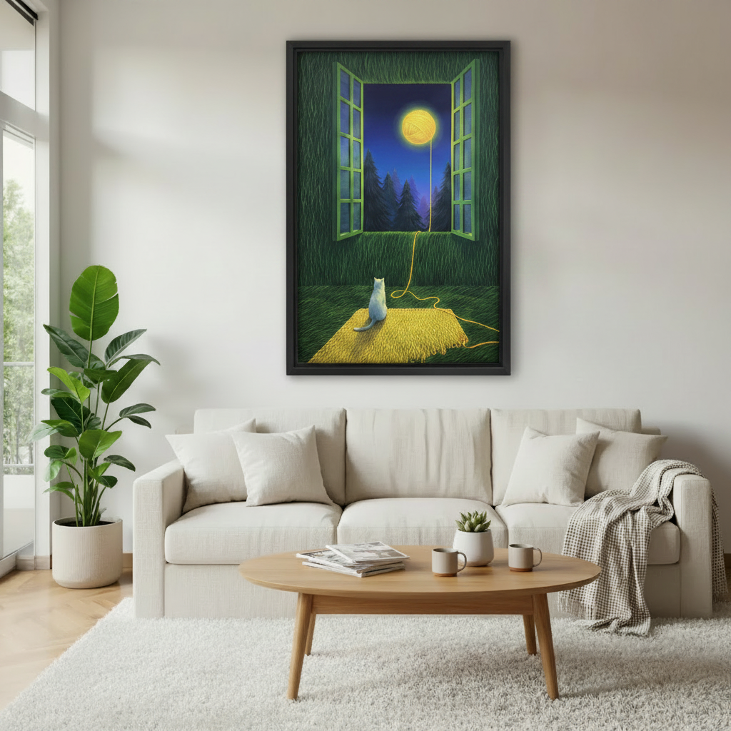  White cat moon yarn ball framed art print, black frame, surreal green night window scene, hung above a cream sofa in a Scandinavian living room with indoor plants