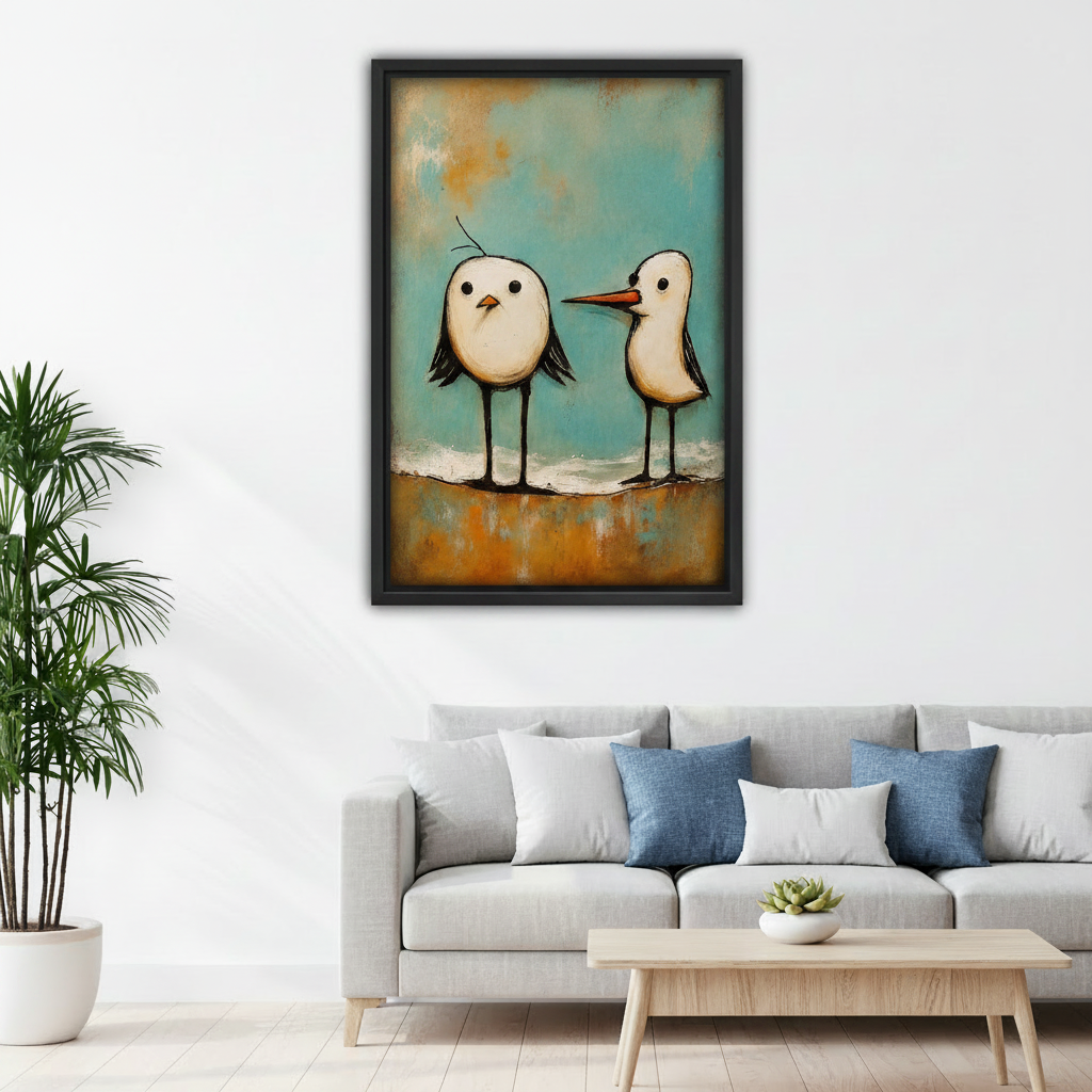 Framed seagull wall art above sofa, two quirky birds on teal textured background, living room coastal canvas decor


