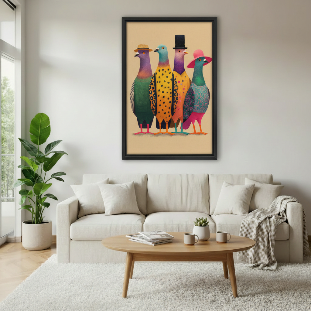 Four colorful pigeons wearing hats framed art print, black frame, bold whimsical bird illustration on beige background, hung above a cream linen sofa in a bright Scandinavian living room with indoor plant