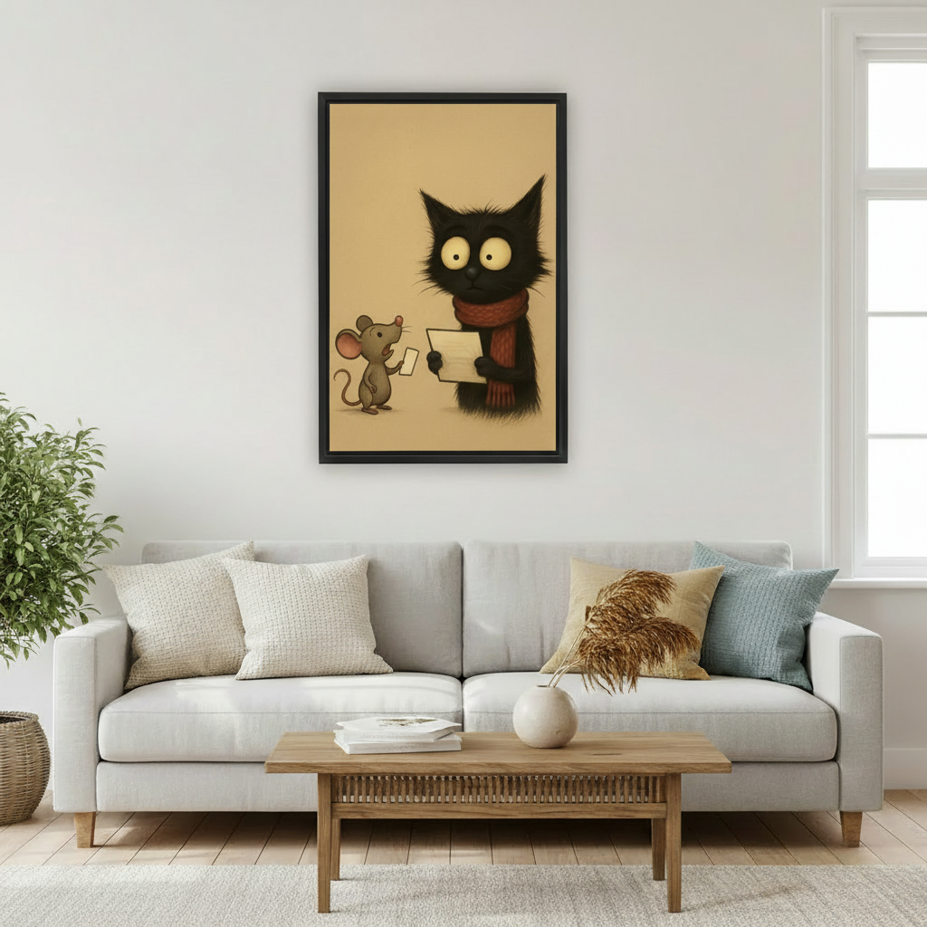Whimsical fluffy black cat with red scarf and grey mouse exchanging notes float frame canvas wall art above light grey sofa with oak coffee table and white vase in Scandinavian living room
