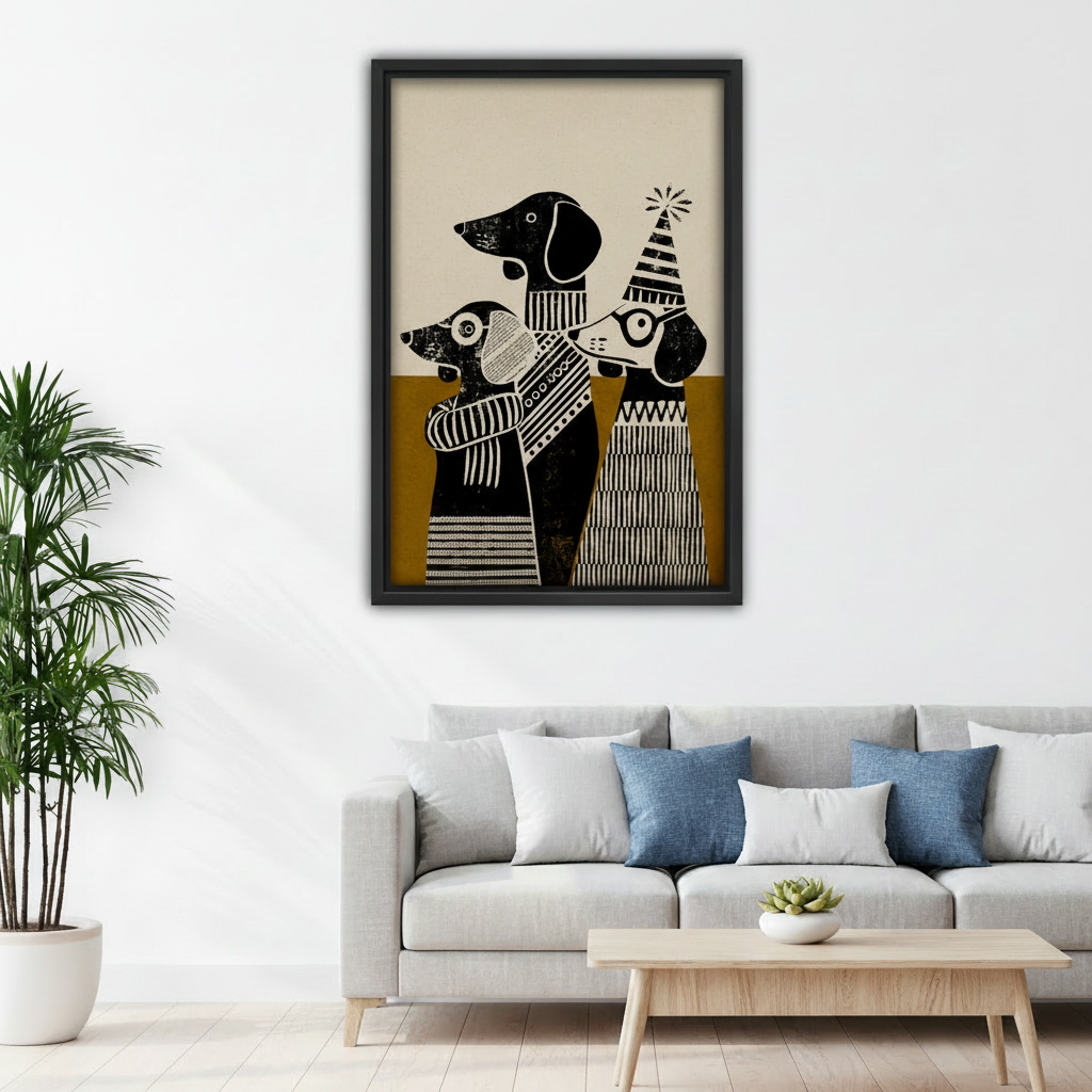 Boho Dachshund Trio Folk Art Framed Canvas Wall Art l3147