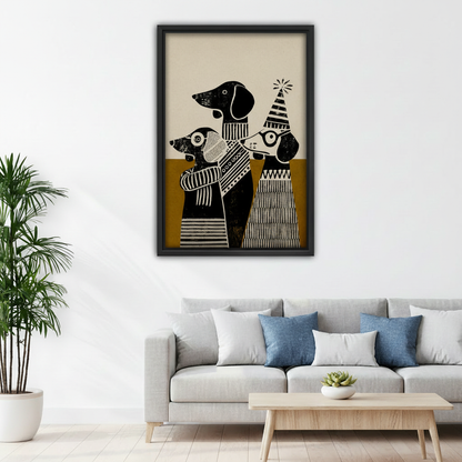 Boho Dachshund Trio Folk Art Framed Canvas Wall Art l3147