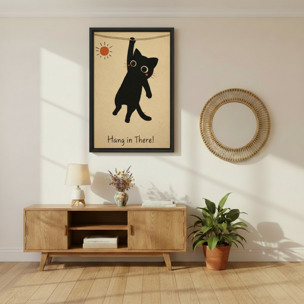 Hang in there funny black cat hanging rope retro illustration wall art print in black frame above oak media console with lavender vase and rattan mirror in Scandinavian living room