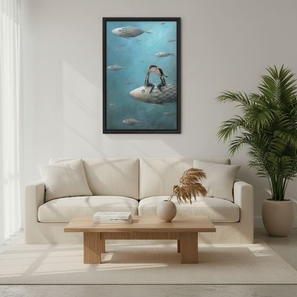 Romantic underwater canvas art print — dreamy blue ocean illustration with couple and school of fish