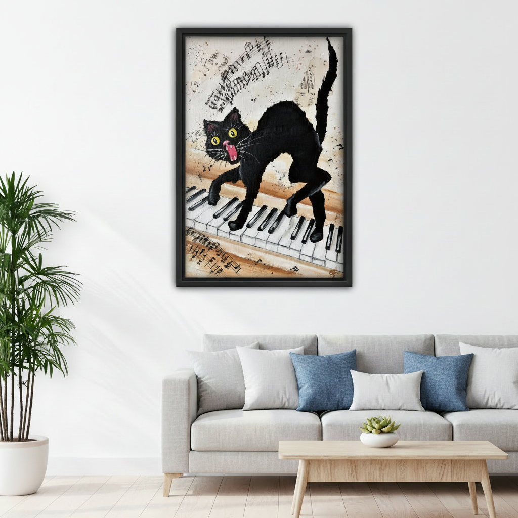 Funny black cat piano wall art for kids bedroom, crazy cat playing piano with music notes, black framed canvas print for children's room decor

