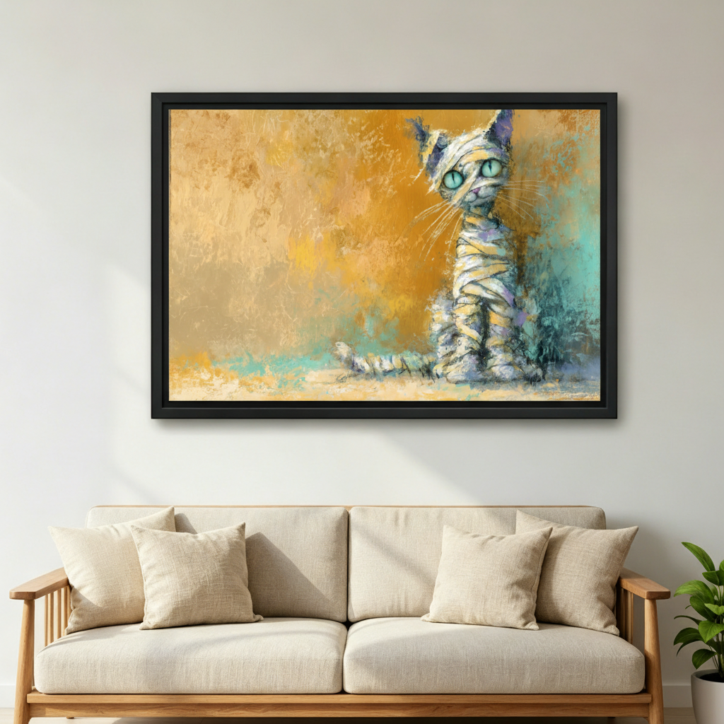  Mummy cat teal eyes framed art print, black frame, golden teal oil painting style, hung above a cream linen sofa in a bright Scandinavian living room with indoor plant