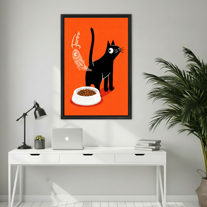 Humorous black cat Fwoo fish on tail orange background funny wall art print in black frame above white desk with black lamp laptop and succulent plant in minimalist home office