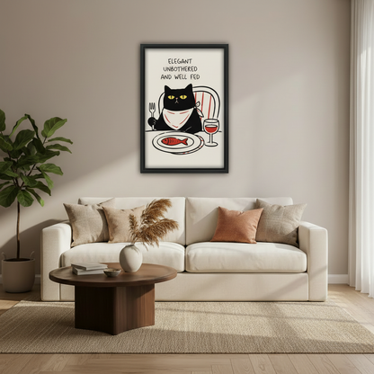 Funny black cat elegant unbothered and well fed dining fish red wine humorous wall art print in black frame above cream sofa with dark round coffee table pampas grass vase and fiddle leaf fig in modern living room