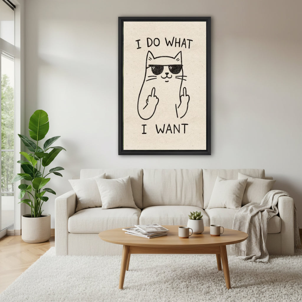 Sassy cat wearing sunglasses I do what I want funny minimalist line art wall art print in black frame above cream sofa with oval oak coffee table succulent and plaid throw in Scandinavian living room