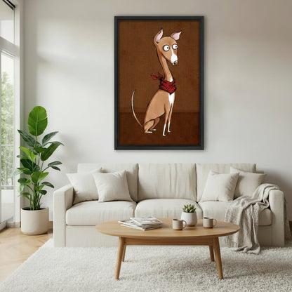 Funny Italian Greyhound with red bandana framed art print, black frame, whimsical cartoon dog illustration on warm brown background, hung above a cream linen sofa in a bright Scandinavian living room with fiddle leaf fig and oval coffee table