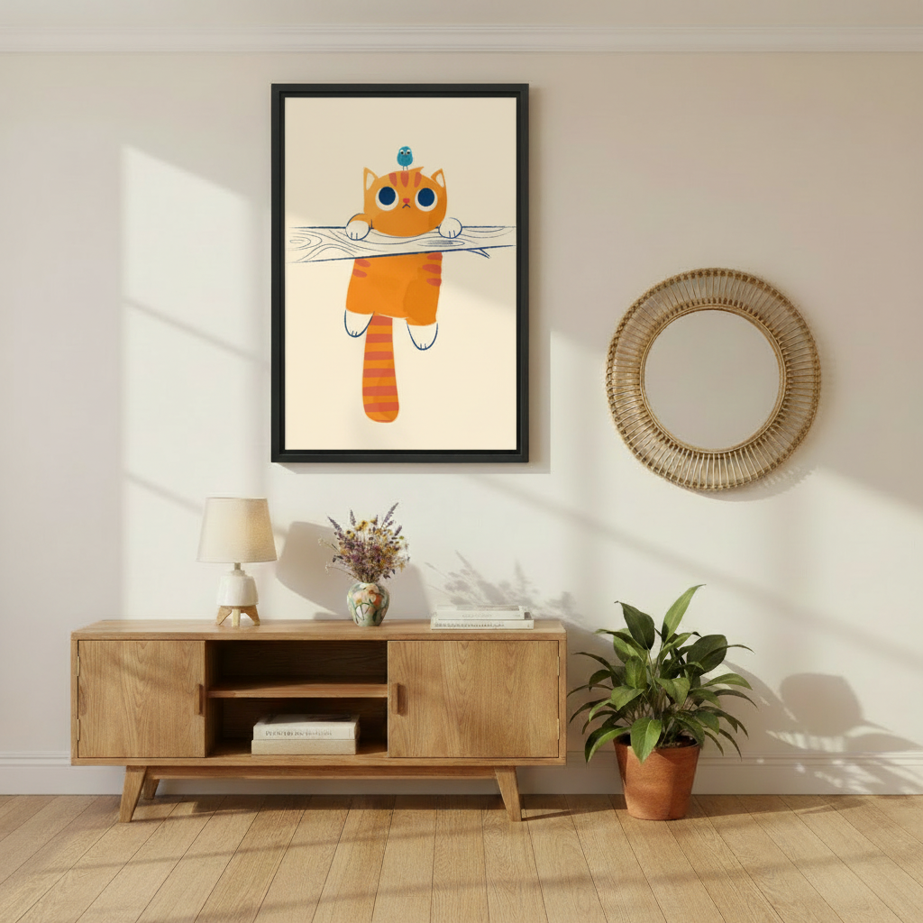 Adorable orange striped cat dangling from branch with little blue bird on head wall art print in black frame above oak media console with lavender vase and rattan round mirror in Scandinavian living room