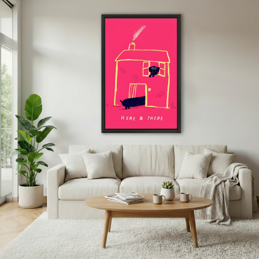 Here & There dachshund house framed canvas art in living room — playful pink dog illustration print for modern home decor