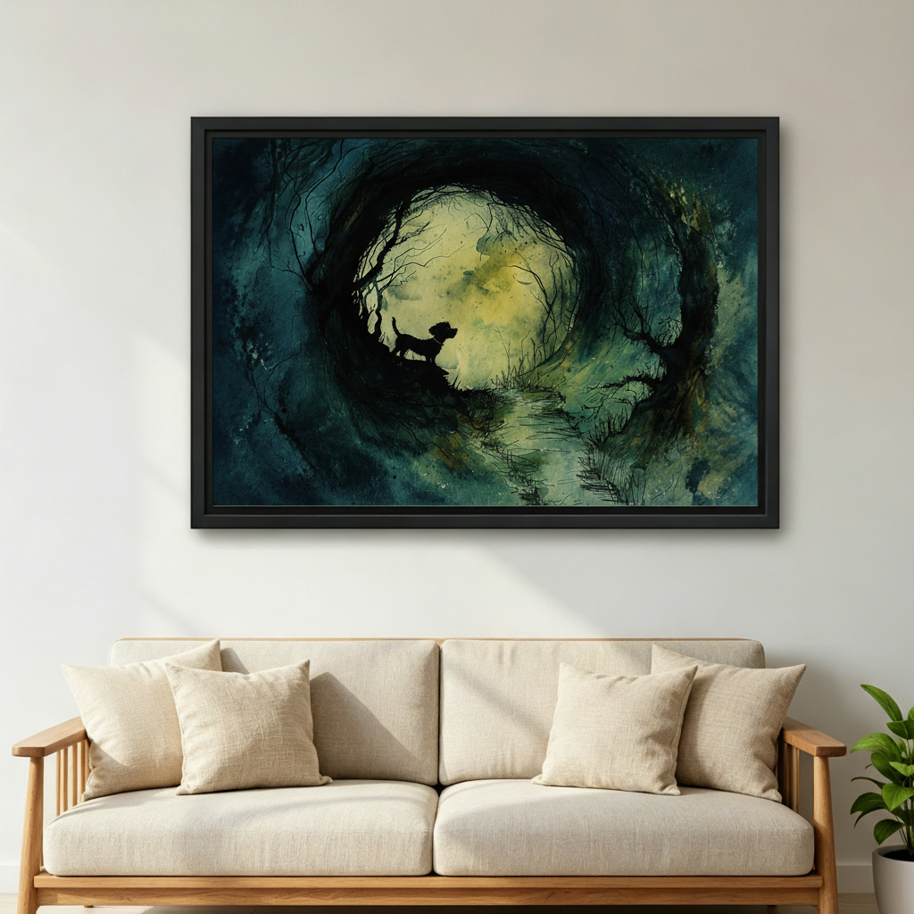 Mystical dog in moonlit forest watercolor canvas wall art displayed in modern living room, dark fantasy framed print decor