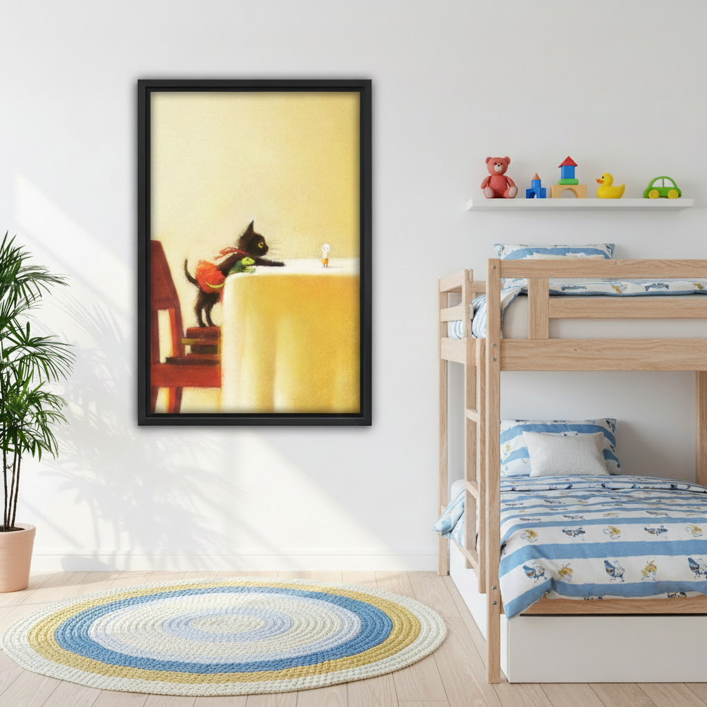 Black cat and frog toy climbing table framed wall art, black frame, warm yellow whimsical oil painting style, styled in a cheerful kids bedroom with bunk beds and colorful round rug