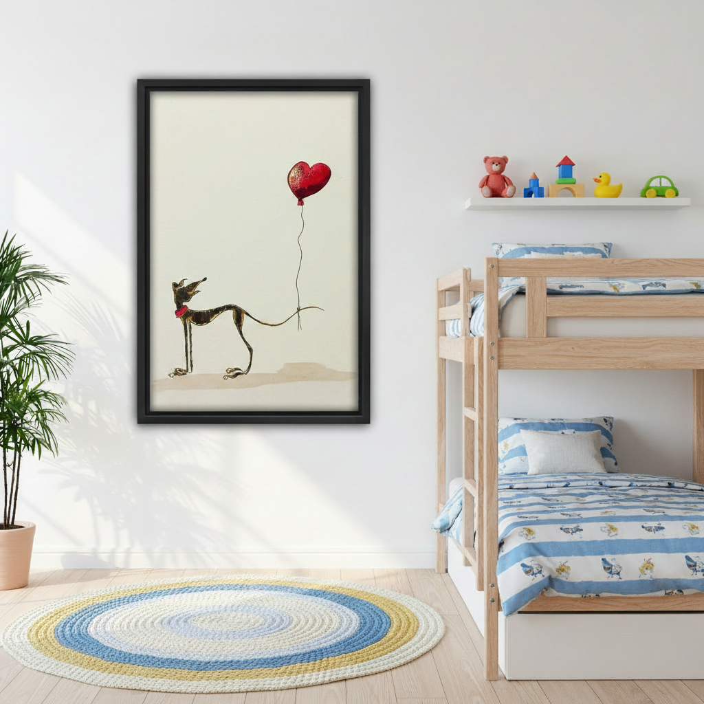 Framed greyhound wall art above sofa, whimsical dog with heart balloon on neutral background, living room canvas decor