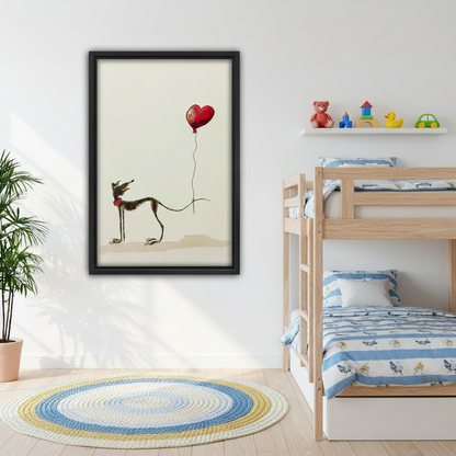 Framed greyhound wall art above sofa, whimsical dog with heart balloon on neutral background, living room canvas decor