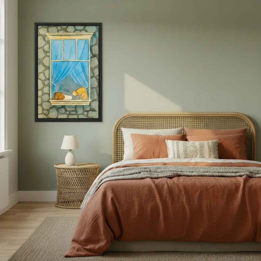 Cat and dog stone window wall art in black frame, whimsical watercolor sketch with blue curtains, styled in a warm boho bedroom with sage green walls and rattan headboard