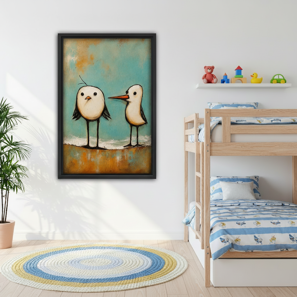 Cute seagull wall art for kids bedroom, two whimsical coastal birds on teal and rust background, black framed canvas print for nursery decor