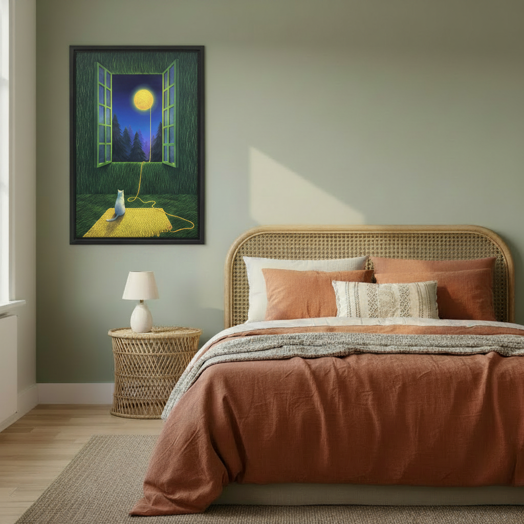 White cat moon yarn ball framed wall art, black frame, dreamy surreal night illustration, styled in a warm boho bedroom with sage green walls and rattan headboard