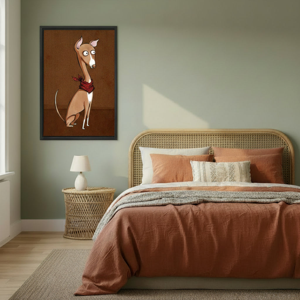  Italian Greyhound with red bandana framed wall art, black frame, whimsical cartoon dog illustration on warm brown background, styled beside a rattan headboard bed in a warm sage green boho bedroom with terracotta bedding