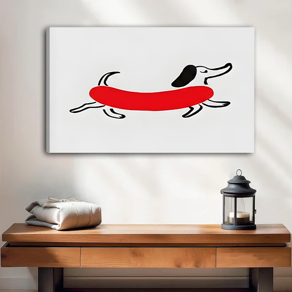 Minimalist Dachshund Canvas Art Print - Red Line Art Dog Wall Decor for Entryway